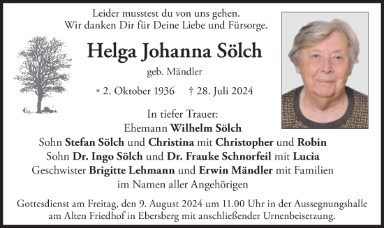 Todesanzeige von Helga Johanna Sölch von merkurtz