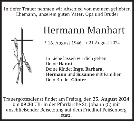 Todesanzeige von Hermann Manhart von merkurtz