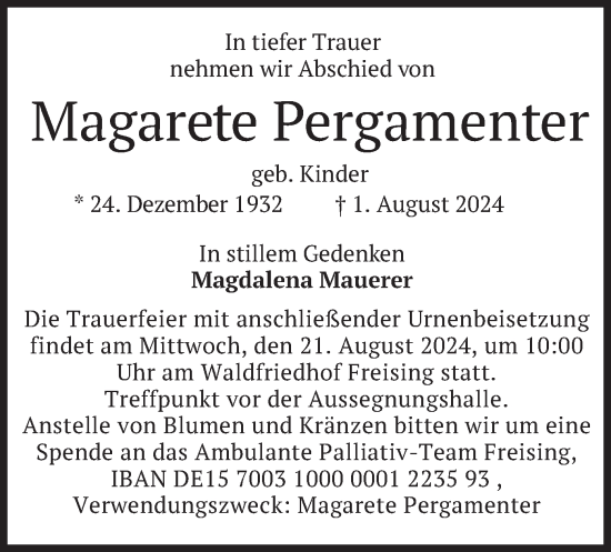 Todesanzeige von Magarete Pergamenter von merkurtz