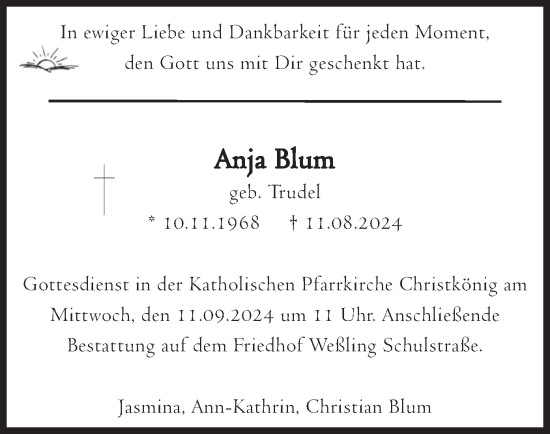 Todesanzeige von Anja Blum von merkurtz