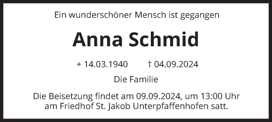 Todesanzeige von Anna Schmid von merkurtz