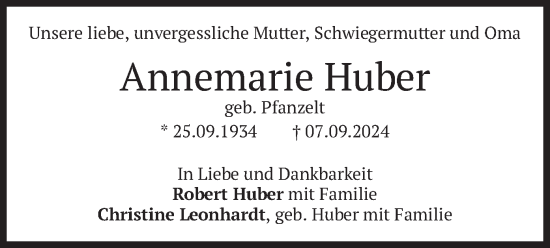 Todesanzeige von Annemarie Huber von merkurtz