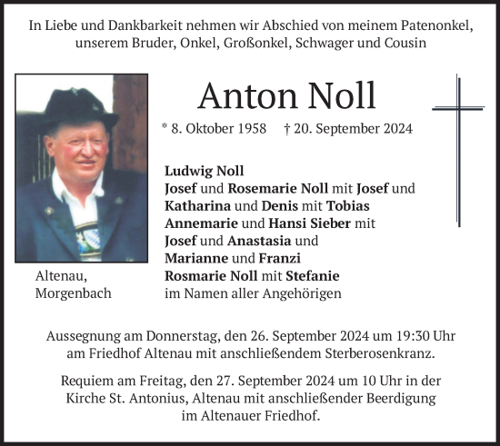 Todesanzeige von Anton Noll von merkurtz