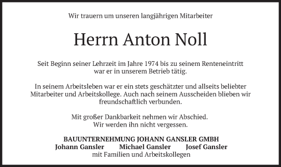 Todesanzeige von Anton Noll von merkurtz