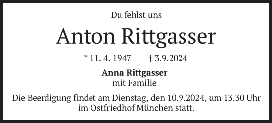 Todesanzeige von Anton Rittgasser von merkurtz