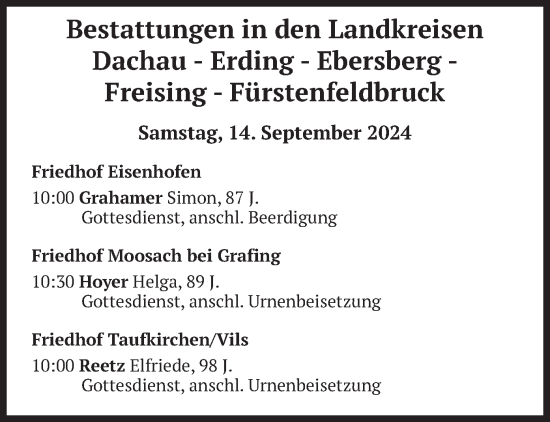 Todesanzeige von Bestattungen vom 14.09.2024 von merkurtz