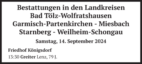 Todesanzeige von Bestattungen vom 14.09.2024 von merkurtz