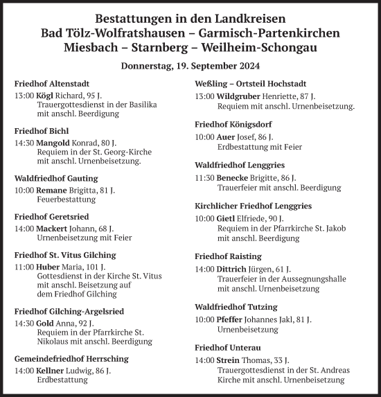 Todesanzeige von Bestattungen vom 19.09.2024 von merkurtz