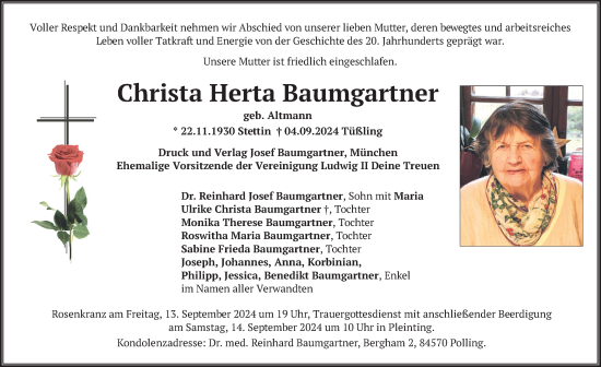 Todesanzeige von Christa Herta Baumgartner von merkurtz