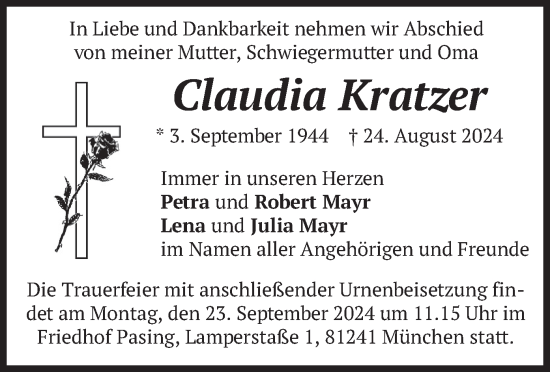 Todesanzeige von Claudia Kratzer von merkurtz