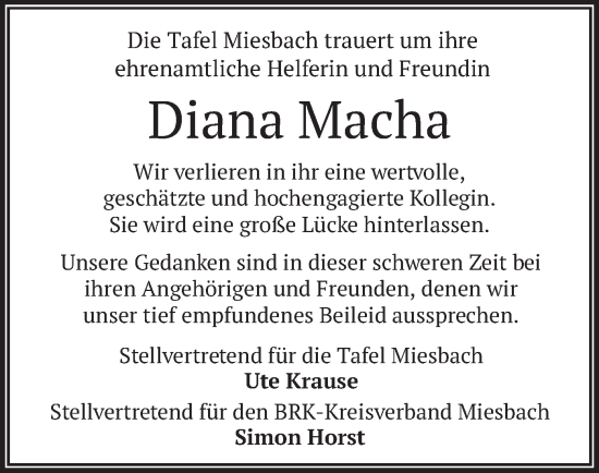 Todesanzeige von Diana Macha von merkurtz