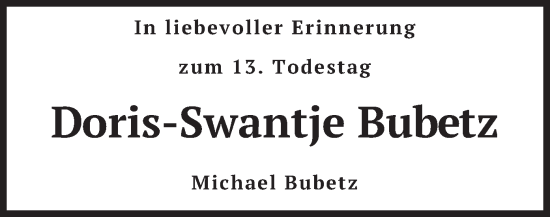 Todesanzeige von Doris-Swantje Bubetz von merkurtz