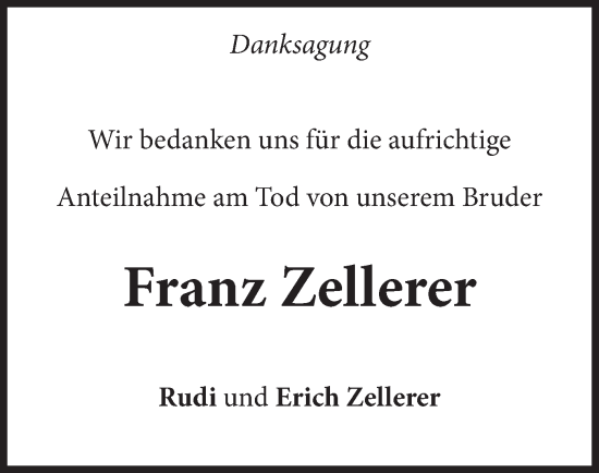 Todesanzeige von Franz Zellerer von merkurtz