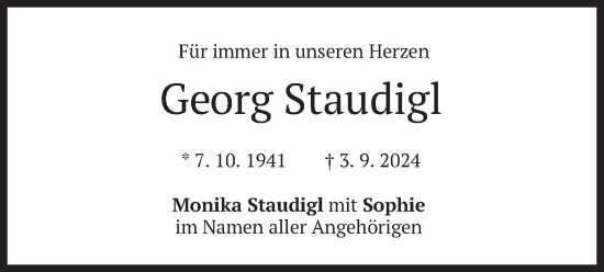 Todesanzeige von Georg Staudigl von merkurtz