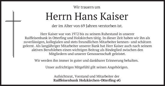 Todesanzeige von Hans Kaiser von merkurtz