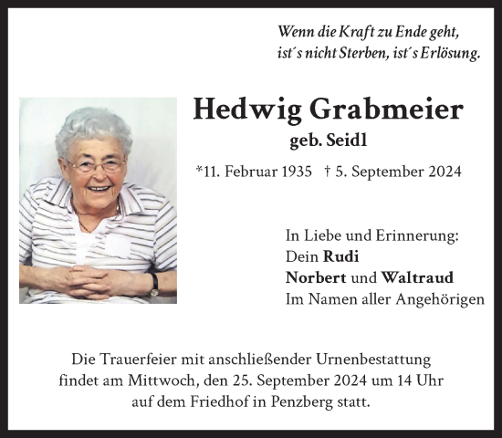 Todesanzeige von Hedwig Grabmeier von Das Gelbe Blatt Penzberg