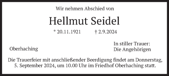 Todesanzeige von Hellmut Seidel von merkurtz