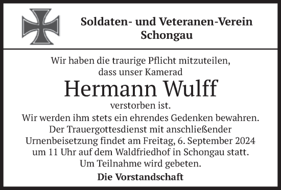 Todesanzeige von Hermann Wulff von merkurtz