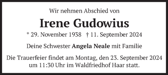 Todesanzeige von Irene Gudowius von merkurtz