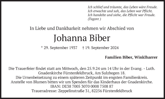 Todesanzeige von Johanna Biber von merkurtz