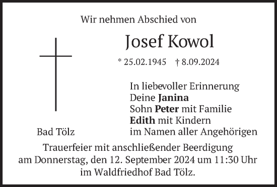 Todesanzeige von Josef Kowol von merkurtz