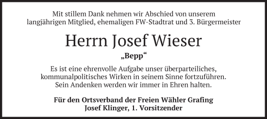 Todesanzeige von Josef Wieser von merkurtz