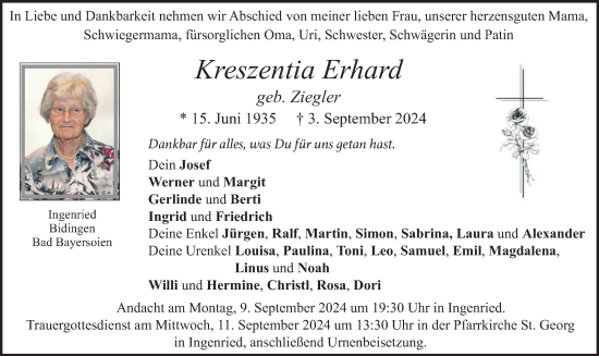 Todesanzeige von Kreszentia Erhard von merkurtz