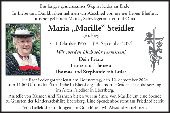 Todesanzeige von Maria  Steidler von merkurtz