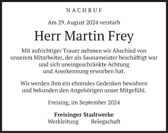 Todesanzeige von Martin Frey von merkurtz