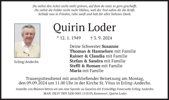 Todesanzeige von Quirin Loder von merkurtz