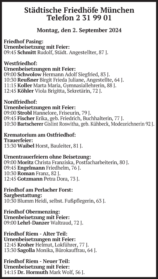 Todesanzeige von Städtische Friedhöfe München von merkurtz