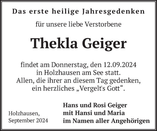 Todesanzeige von Thekla Geiger von merkurtz