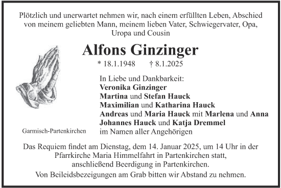 Todesanzeige von Alfons Ginzinger von merkurtz