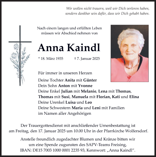 Todesanzeige von Anna Kaindl von merkurtz