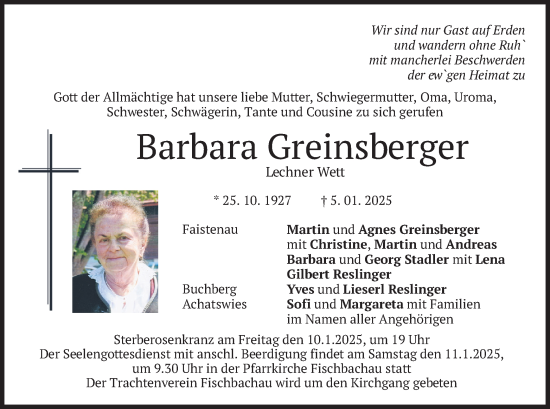 Todesanzeige von Barbara Greinsberger von merkurtz