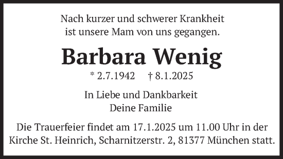 Todesanzeige von Barbara Wenig von merkurtz