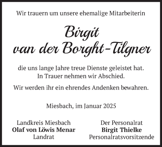 Todesanzeige von Birgit van der Borght-Tilgner von merkurtz