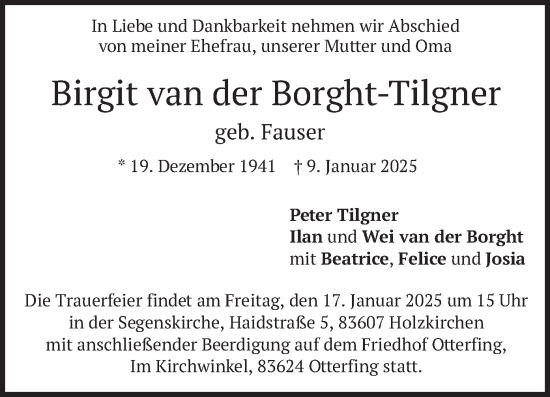 Todesanzeige von Birgit van der Borght-Tilgner von merkurtz