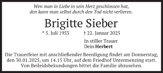 Todesanzeige von Brigitte Sieber von merkurtz