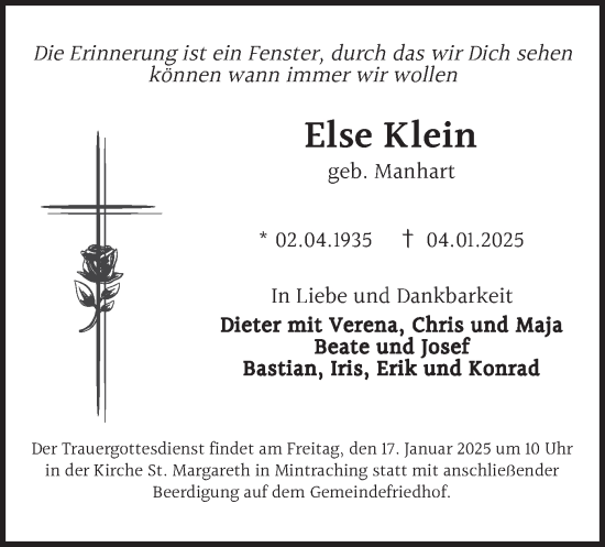 Todesanzeige von Else Klein von merkurtz