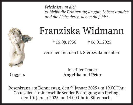 Todesanzeige von Franziska Widmann von merkurtz