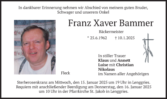 Todesanzeige von Franz Xaver Bammer von merkurtz