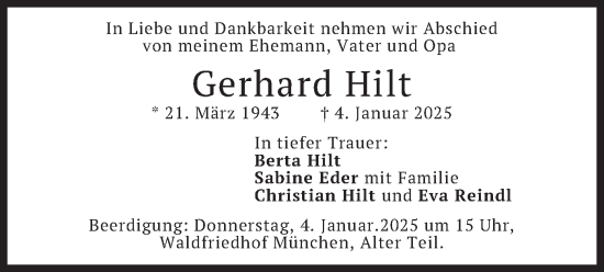 Todesanzeige von Gerhard Hilt von merkurtz