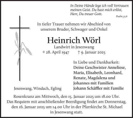 Todesanzeige von Heinrich Wörl von merkurtz