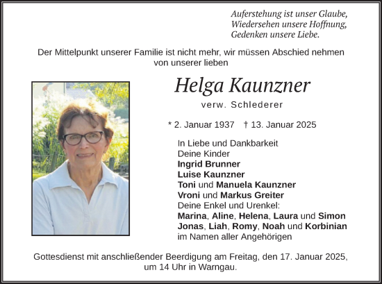 Todesanzeige von Helga Kaunzner von merkurtz