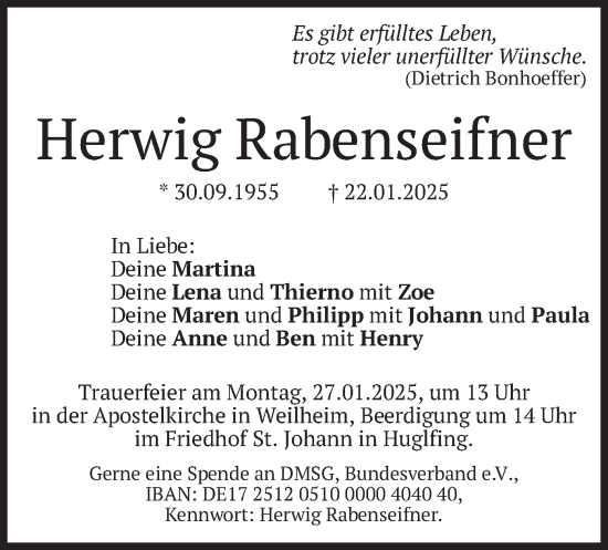 Todesanzeige von Herwig Rabenseifner von merkurtz