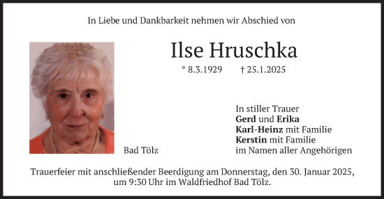 Todesanzeige von Ilse Hruschka von merkurtz