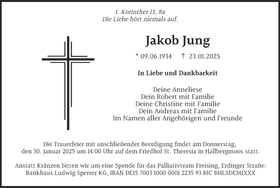 Todesanzeige von Jakob Jung von merkurtz