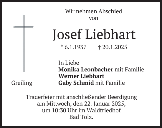 Todesanzeige von Josef Liebhart von merkurtz