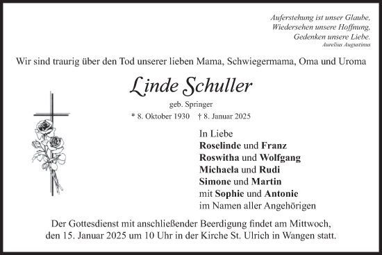 Todesanzeige von Linde Schuller von merkurtz